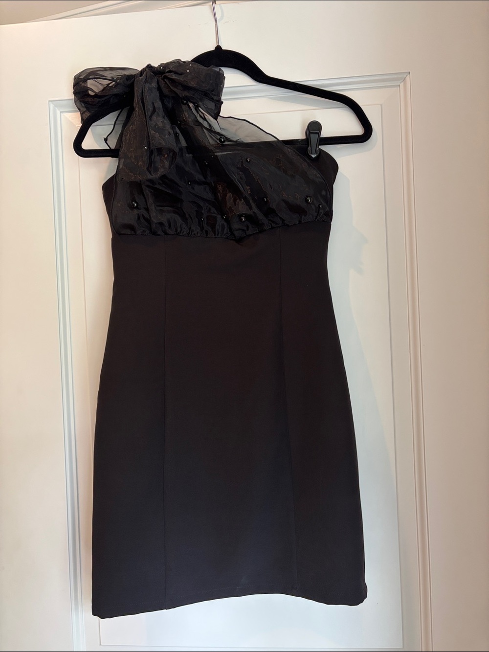 Black One-Shoulder Sheer Bow Cocktail Dress, Size S